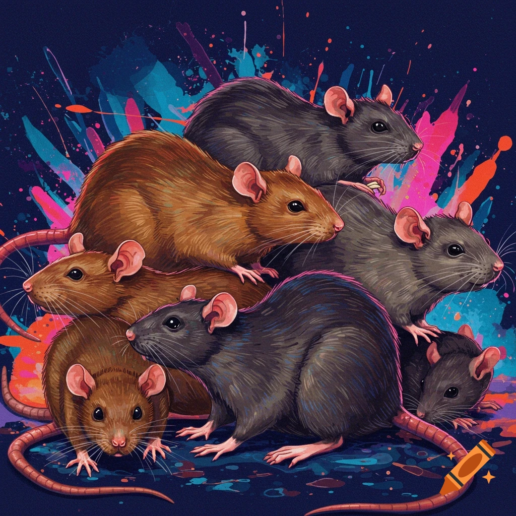 Multiple rats with colorful paint splatters