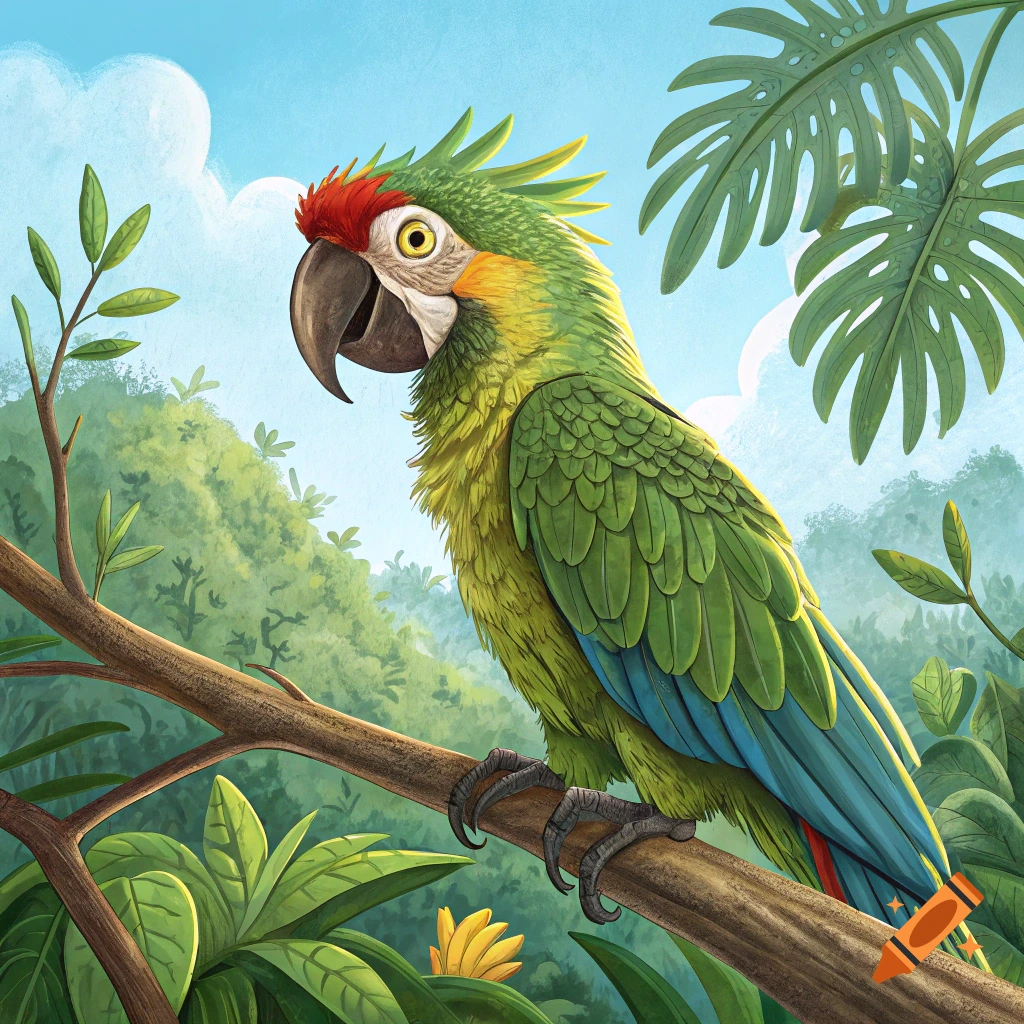 A green and yellow parrot with blue wings sits on a branch in a jungle illustration.