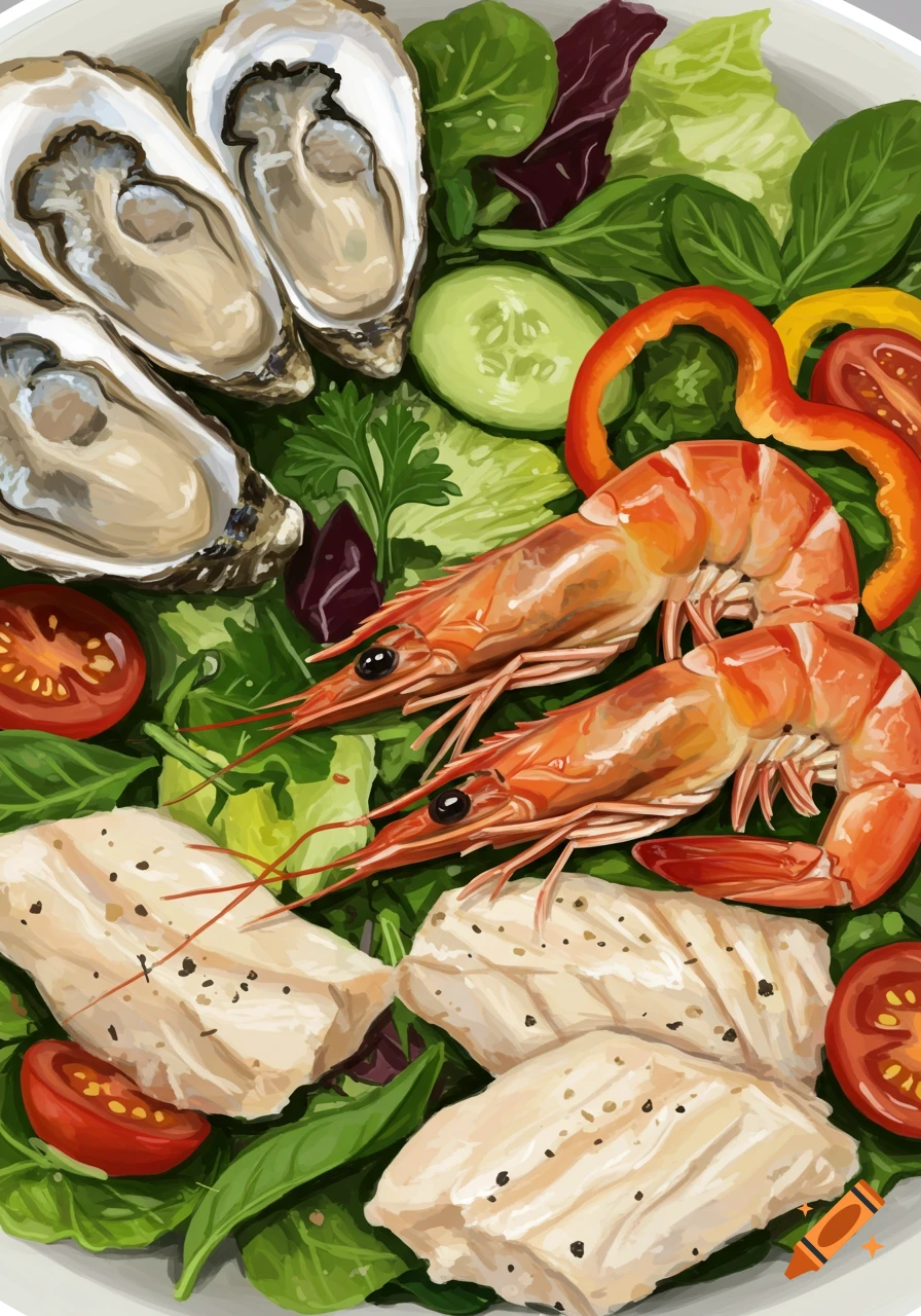 A seafood salad with oysters, shrimp, fish, lettuce, and vegetables.