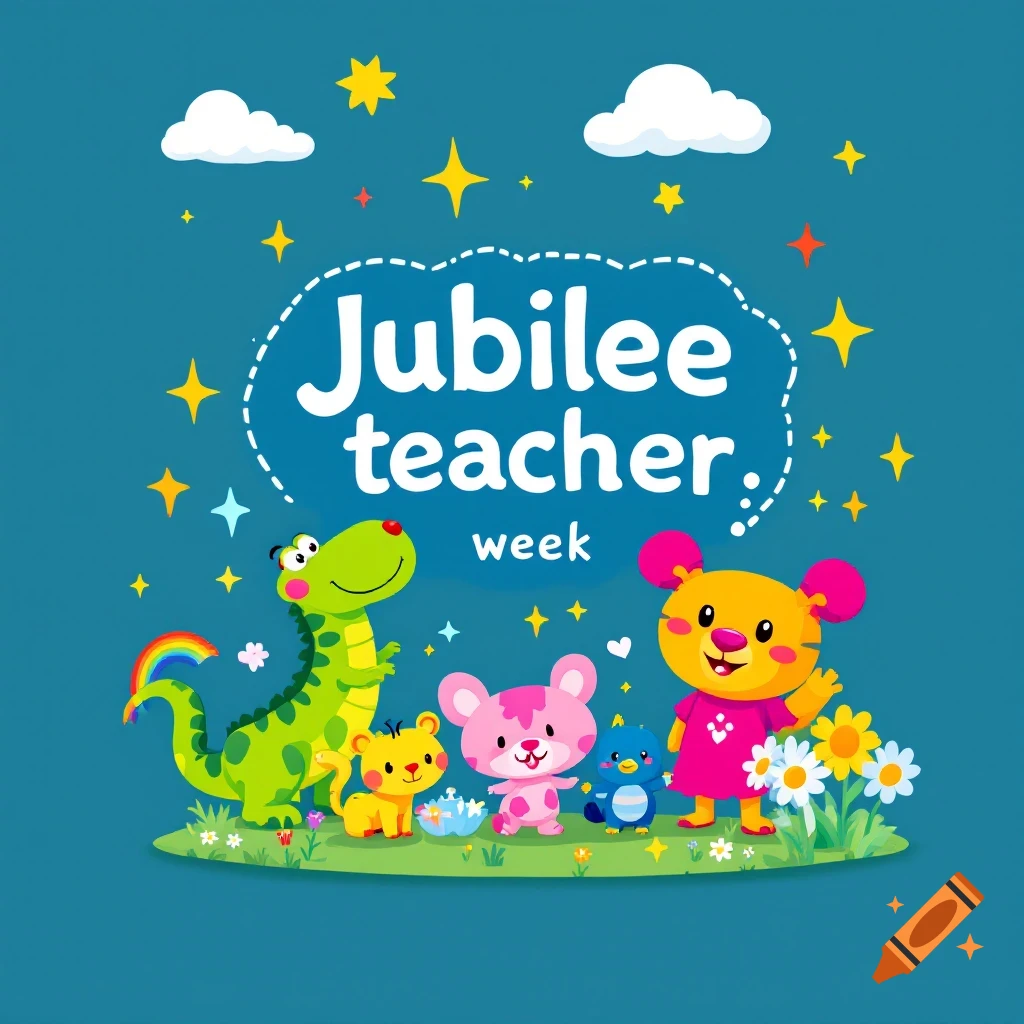 Cartoon animals including a dinosaur, bears, and a penguin under text saying 'Jubilee teacher. week' with stars and clouds.