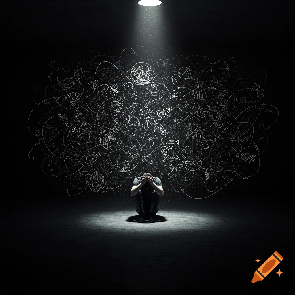 A man crouching in a spotlight, surrounded by chaotic white scribbles in a dark room, conveying stress.