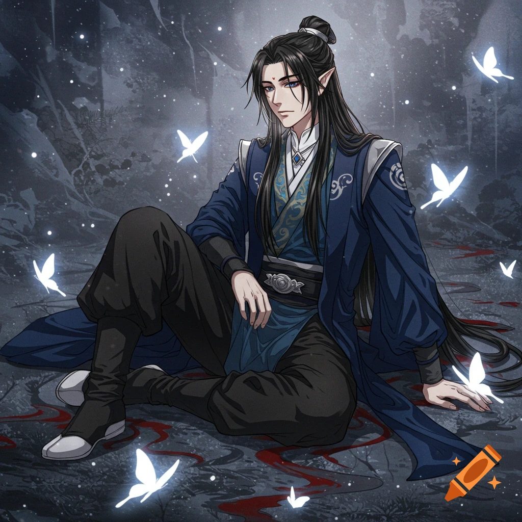 Handsome man with long black hair in blue fantasy robes sits on ground with white butterflies