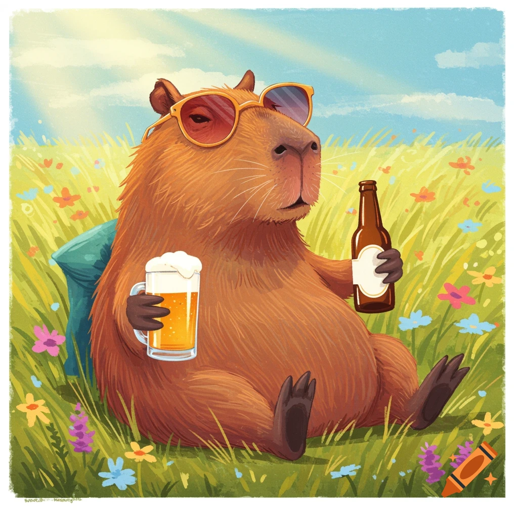 Cartoon capybara in sunglasses lounging in a meadow with a beer and a glass of beer.