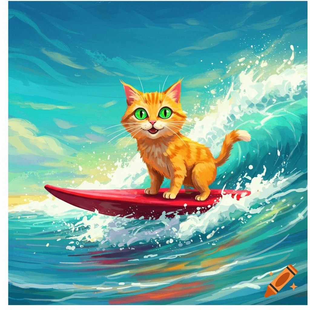 An orange cat surfs on a red surfboard on a wave.