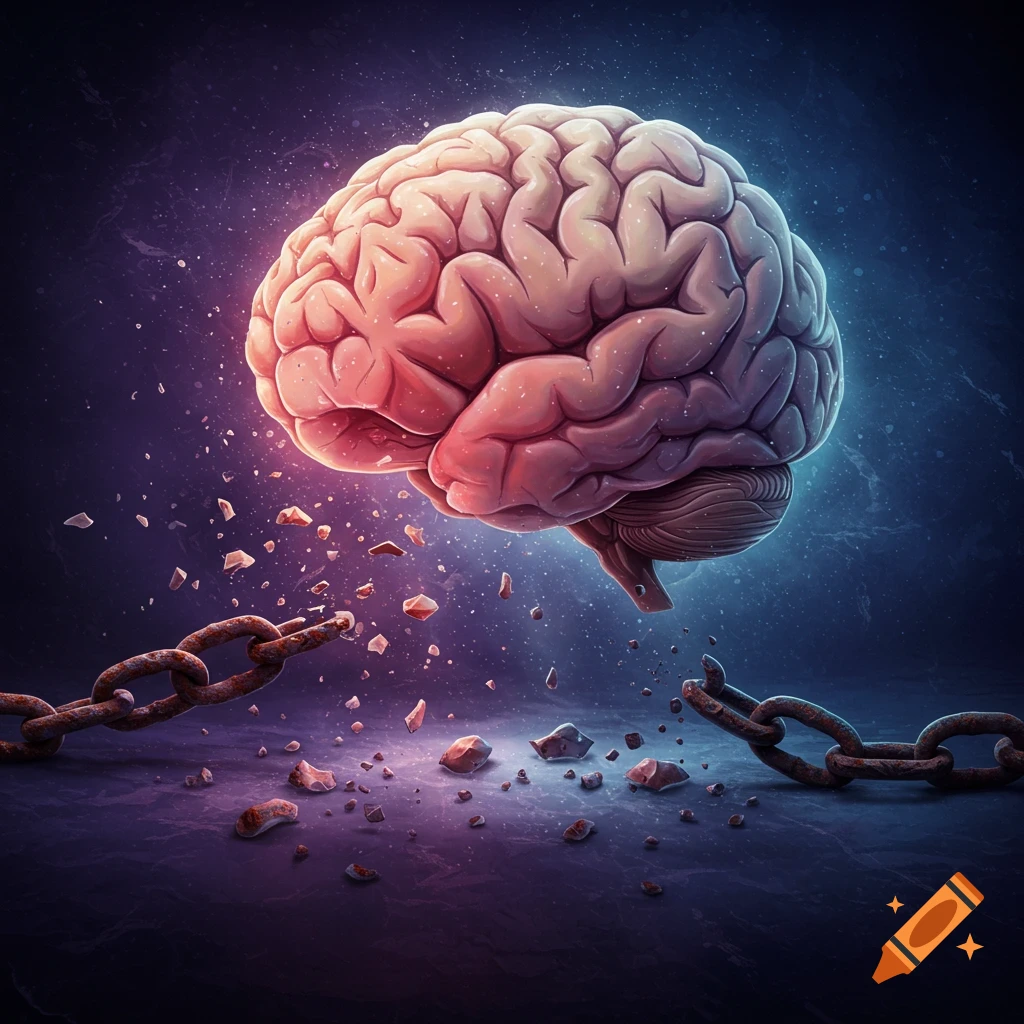 A human brain breaking free from rusty chains against a starry background.