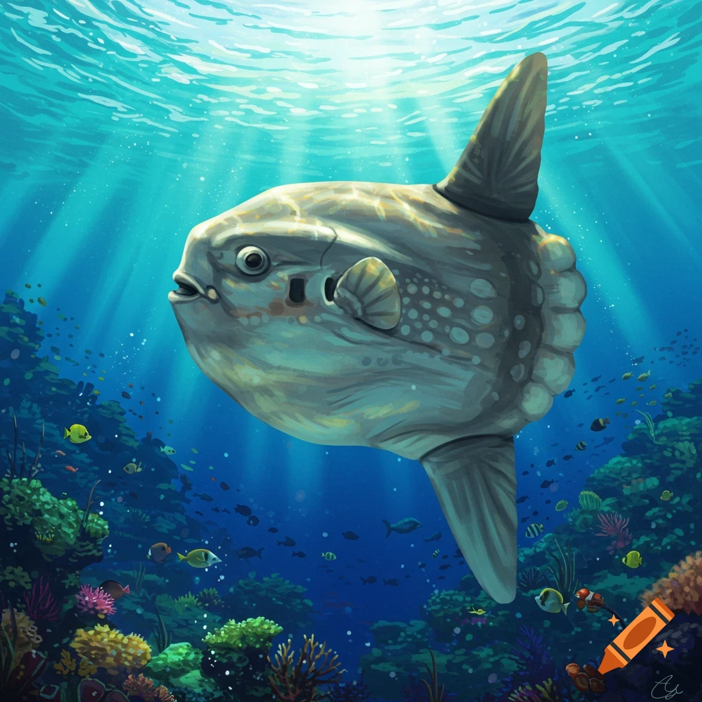 An ocean sunfish swims over a coral reef.