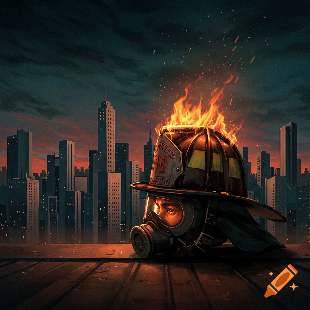 A firefighter helmet sits on a rooftop, with flames reflected on its surface, overlooking a city skyline at sunset.