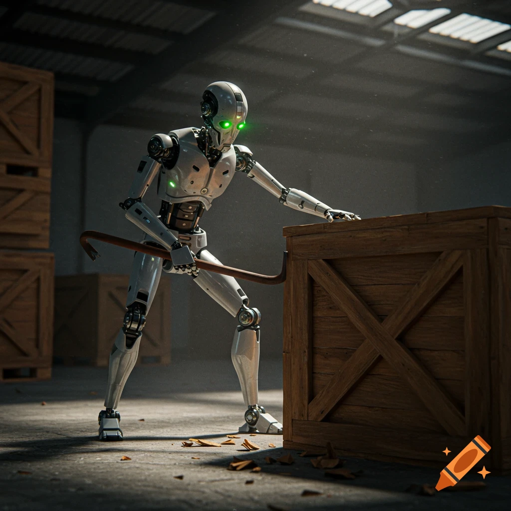 A photorealistic robot with glowing green eyes opens a wooden crate with a crowbar in a dusty warehouse.
