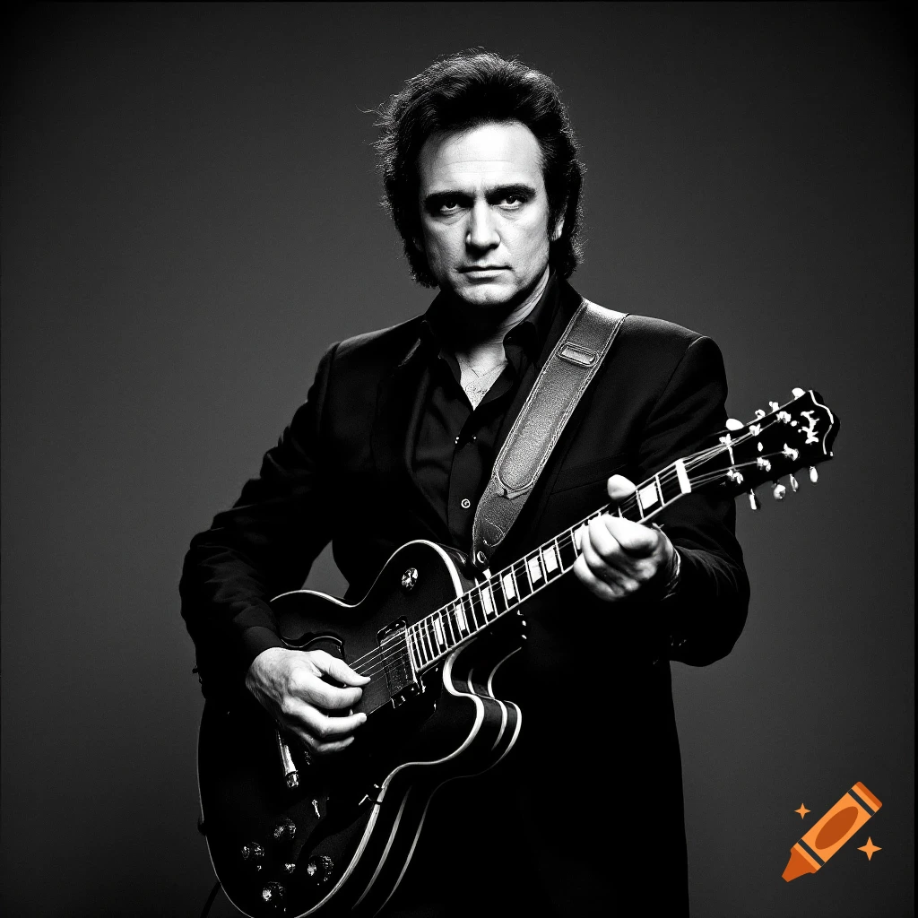 A black and white studio portrait of a man resembling Johnny Cash playing a guitar.