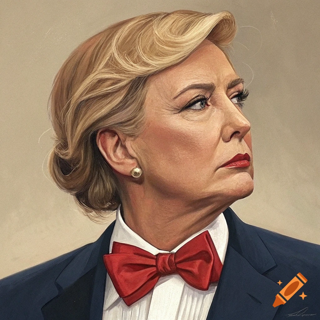 Realistic painting of a woman wearing a dark suit and red bow tie