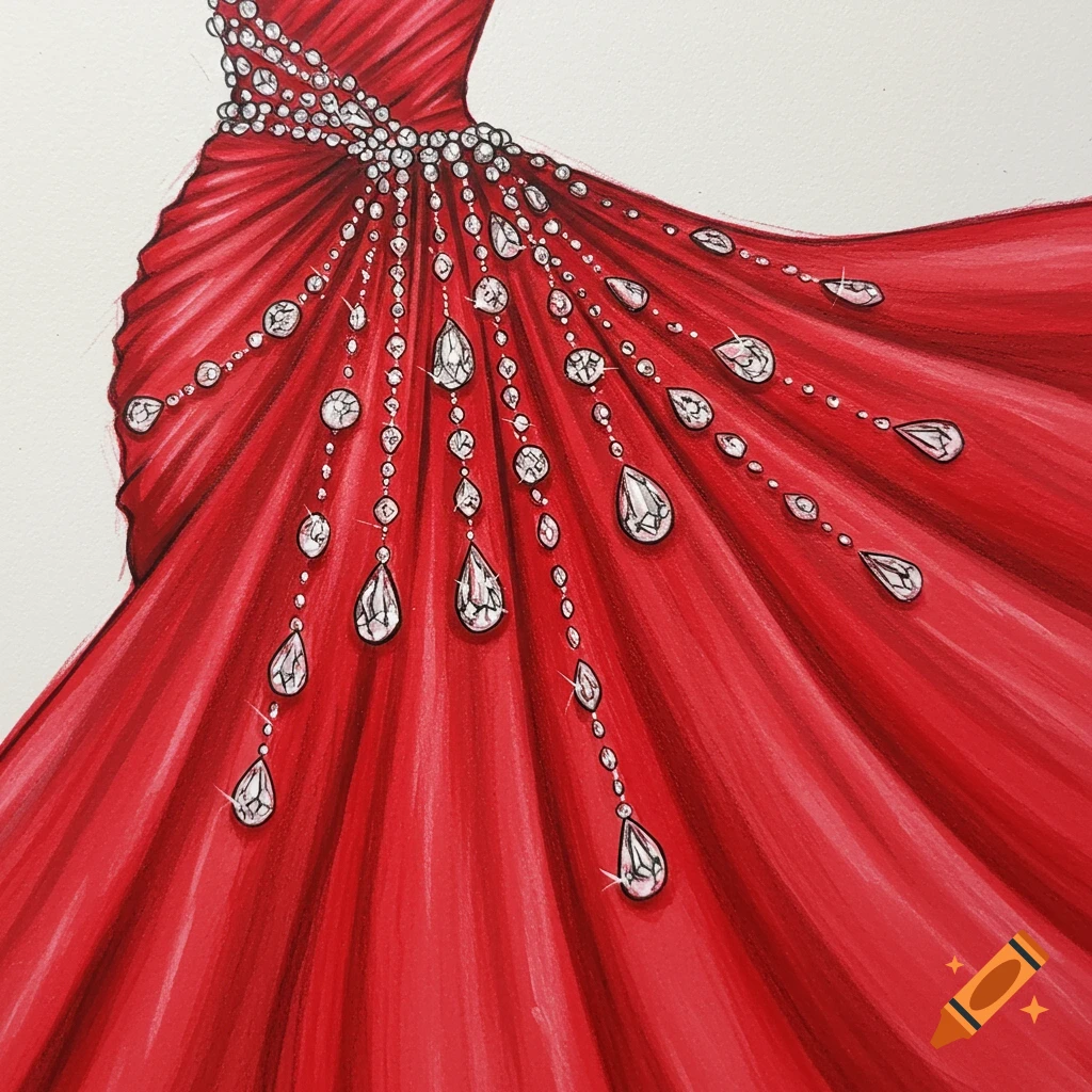 Illustration of a red dress adorned with sparkling dangling diamonds.