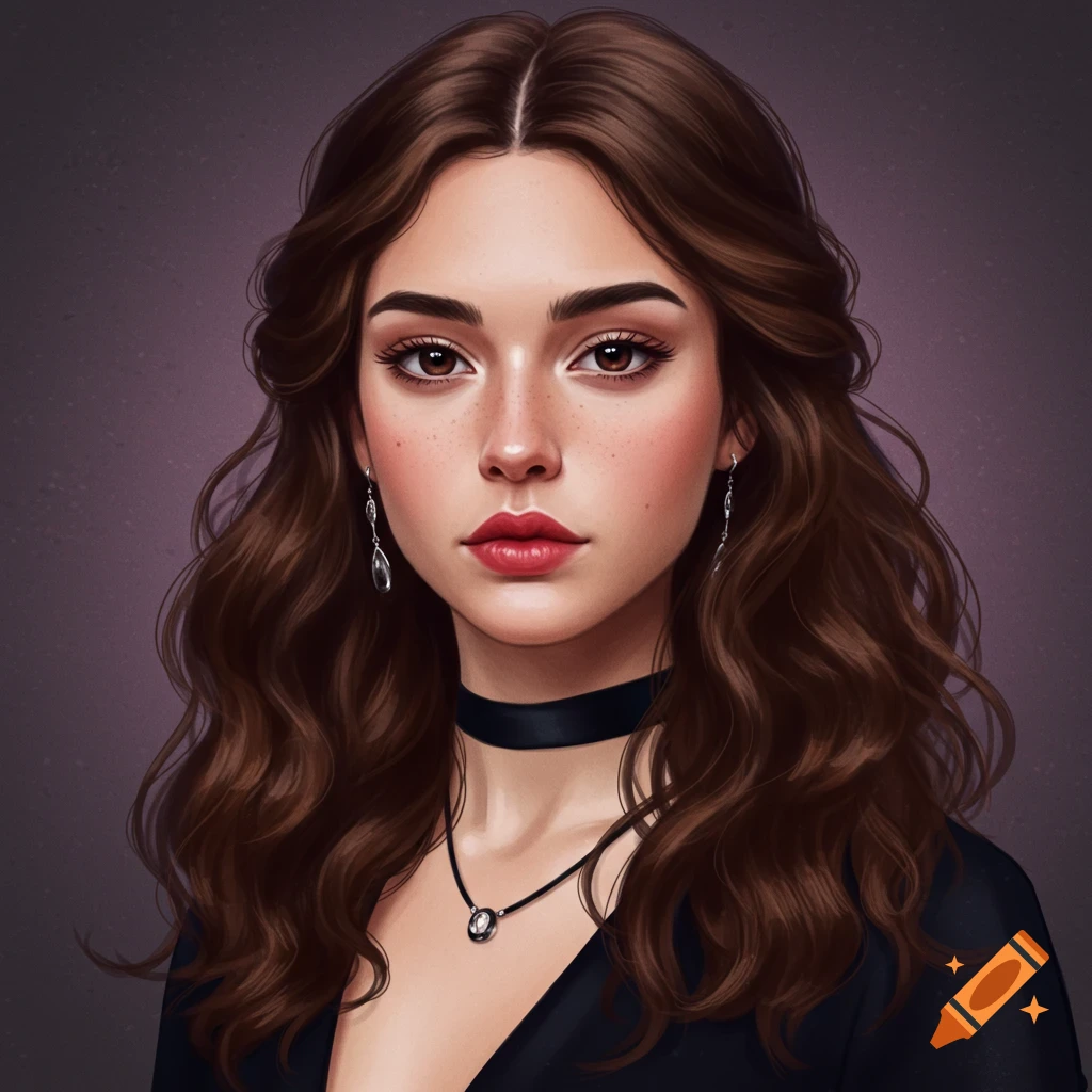 A woman with brown wavy hair and brown eyes wears a black dress with a deep neckline, a choker, and a necklace.