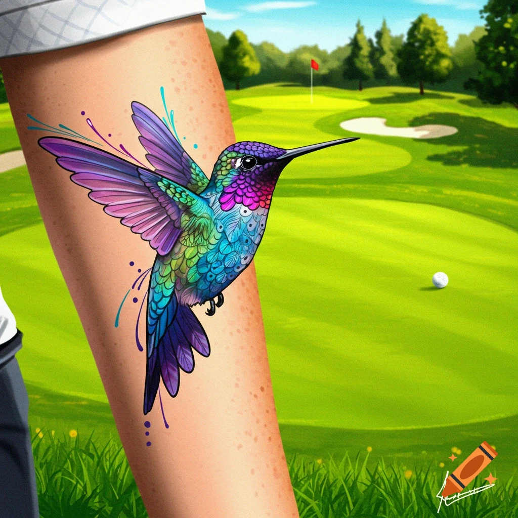 Colorful hummingbird tattoo on an arm with a golf course in the background.