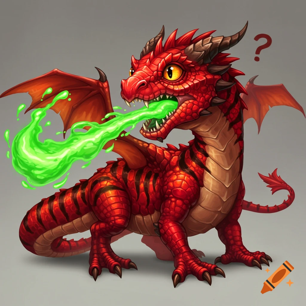 A confused-looking cartoon red dragon with black stripes breathes green acid.