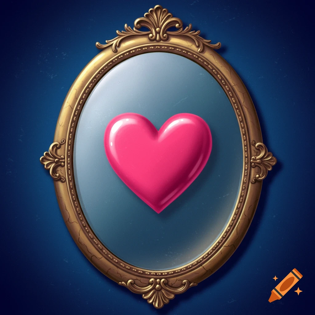 Pink heart in an ornate gold mirror against a blue background.