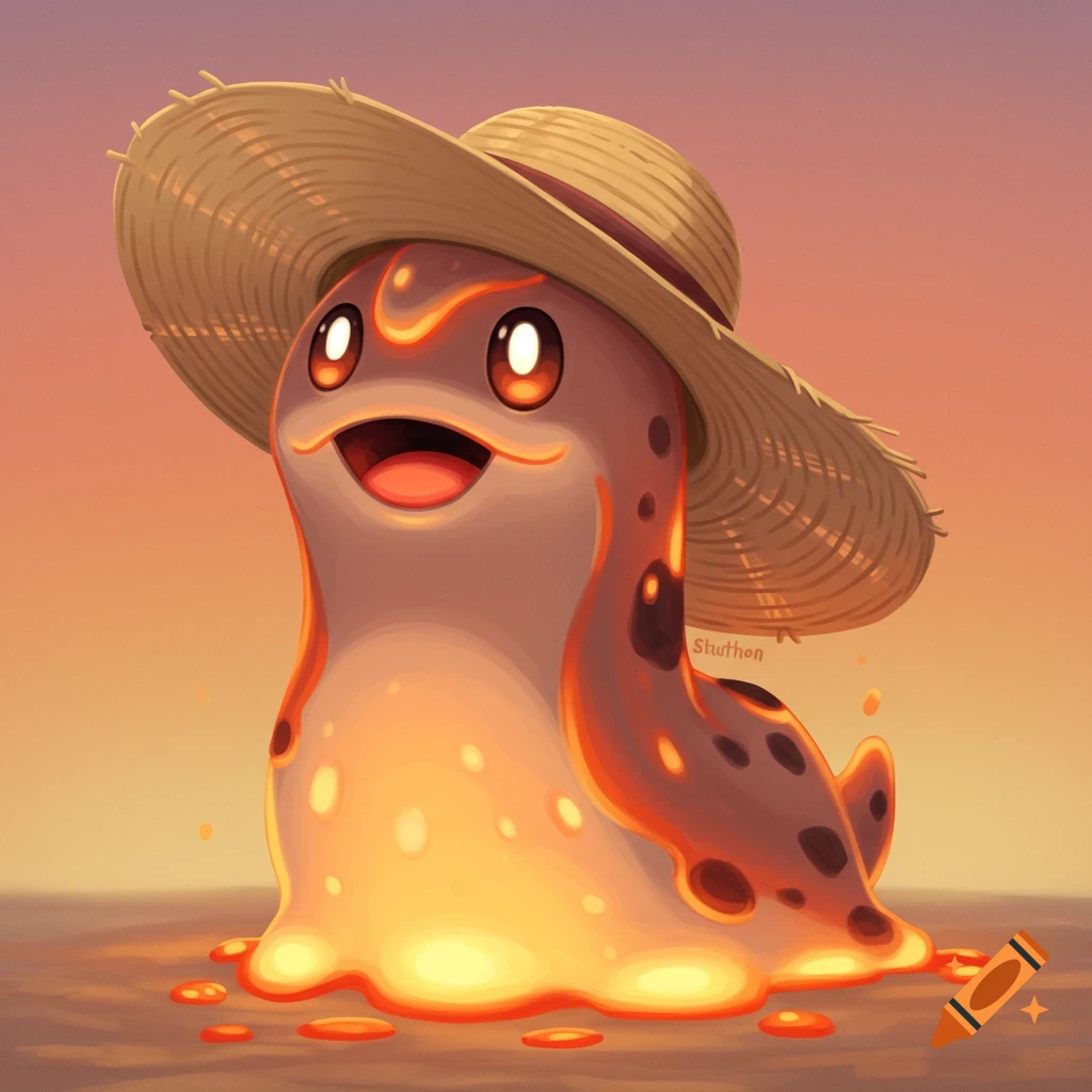 Cute slug creature wearing a straw hat at sunset.