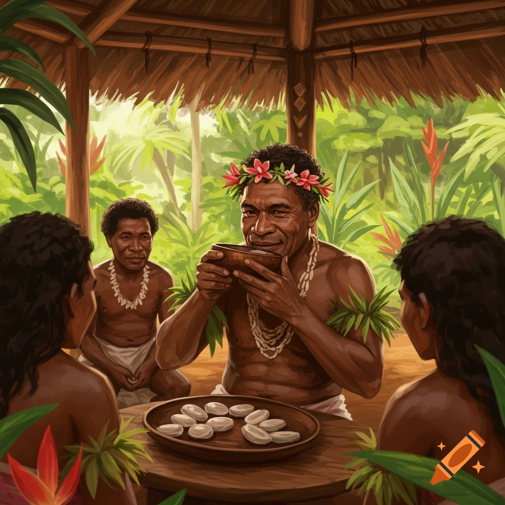 People in traditional attire drinking in a hut in a tropical setting.
