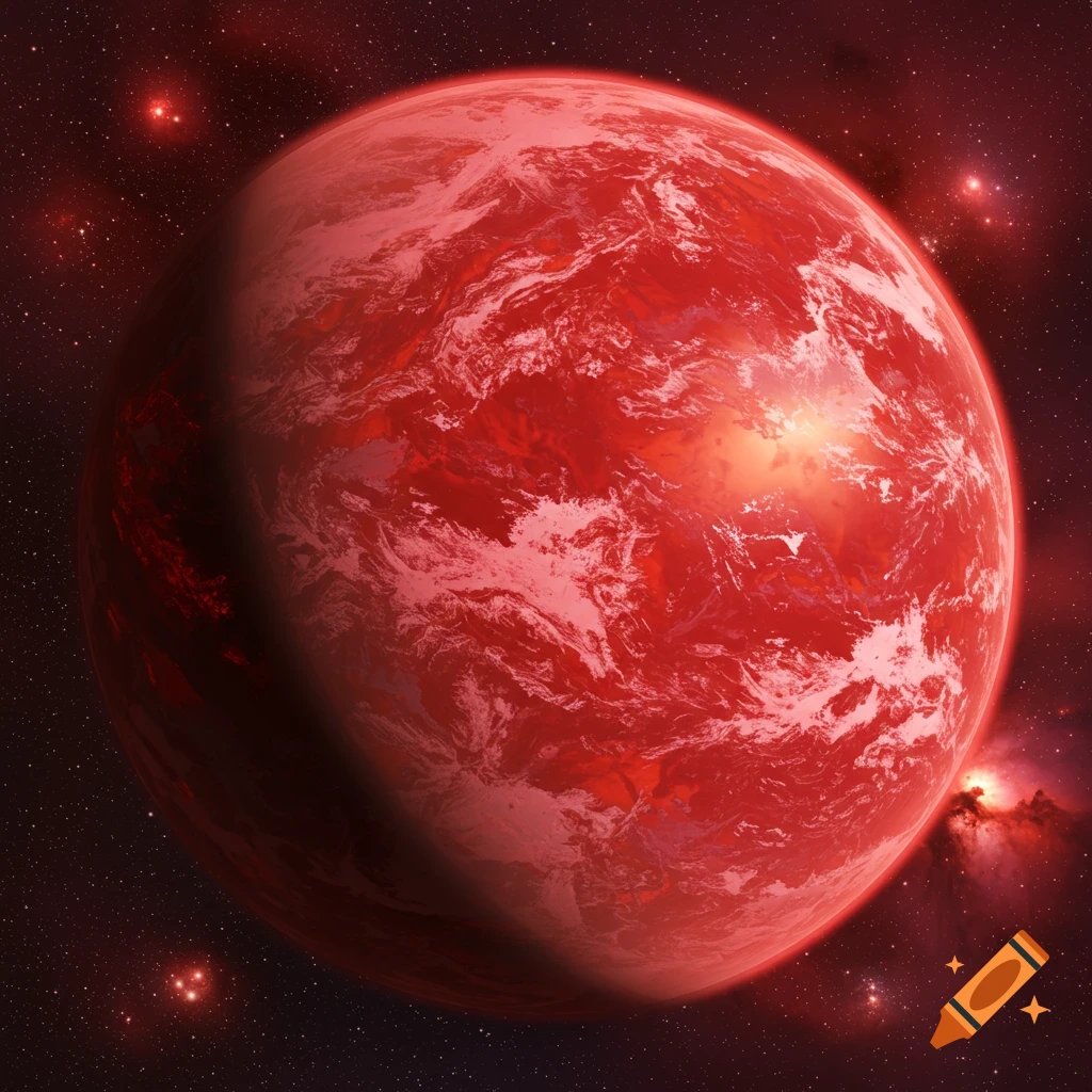 A large red planet is visible in space, surrounded by stars and a nebula.