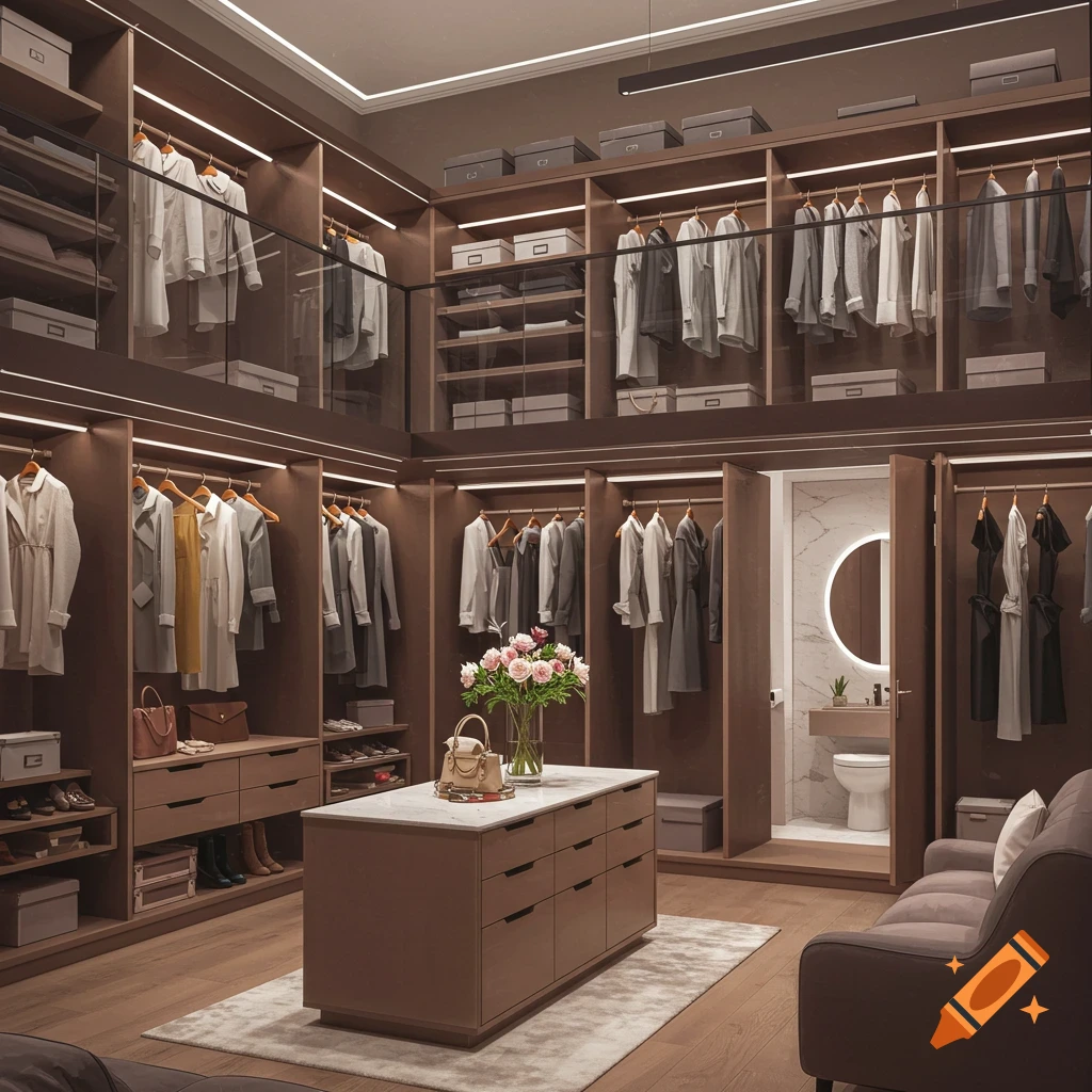 A large, modern two-story walk-in closet with an island dresser, clothes racks, shoe shelves, bags, and an attached bathroom.