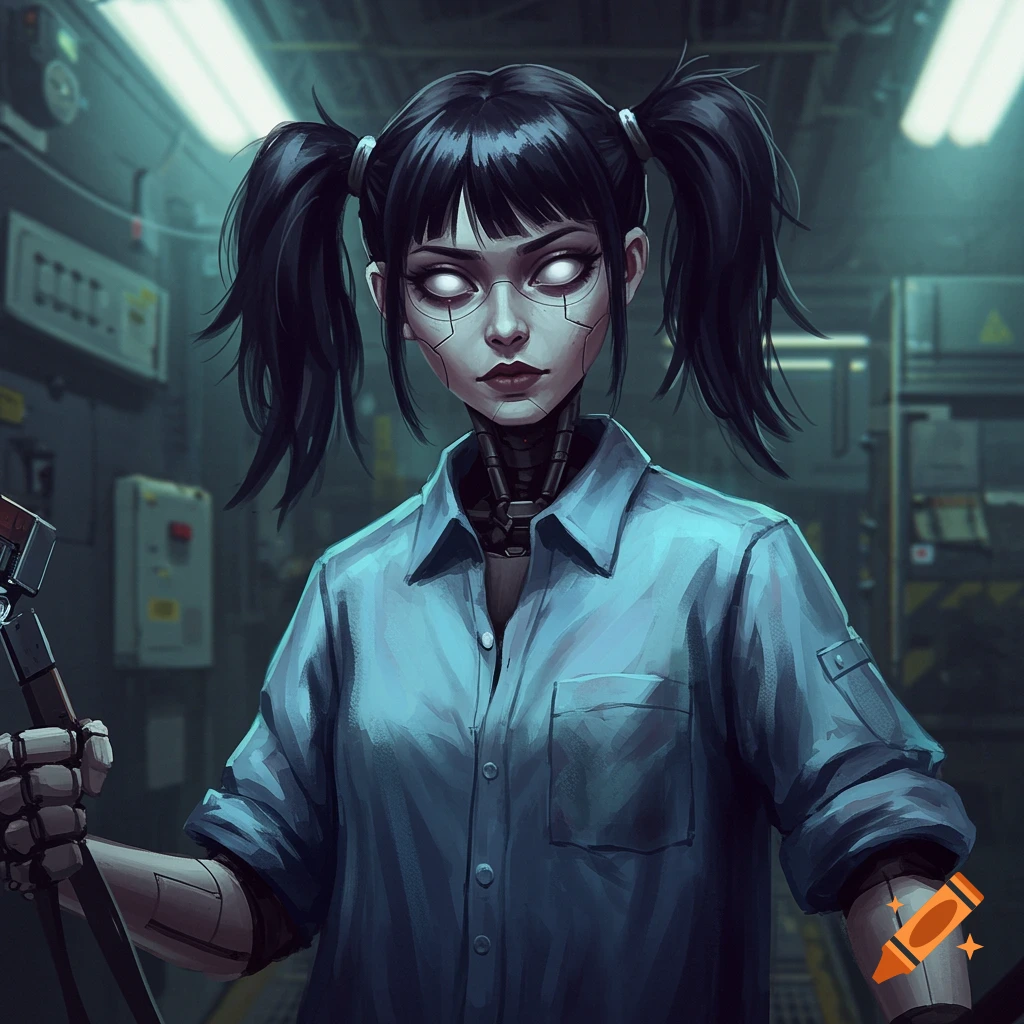 A cyberpunk image of a cyborg woman with glowing eyes in a factory holding a tool.