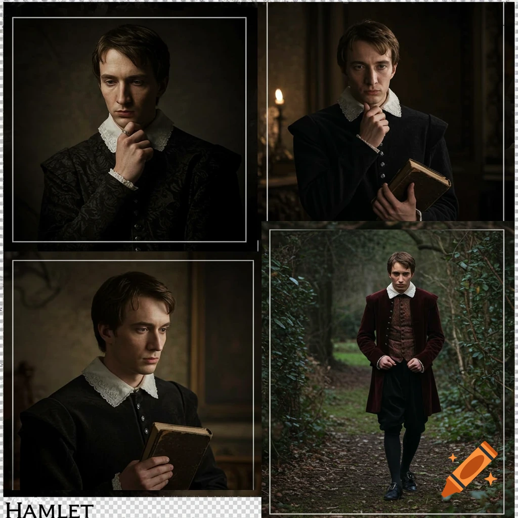 A collage of four realistic depictions of a young man in historical clothing, including portraits and an outdoor scene. The word "HAMLET" is at the bottom.