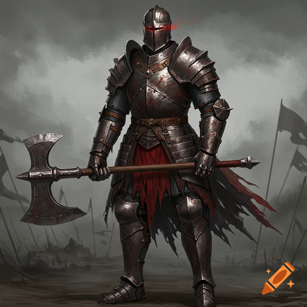 A heavily armored fantasy knight holding a double-headed axe stands on a battlefield.
