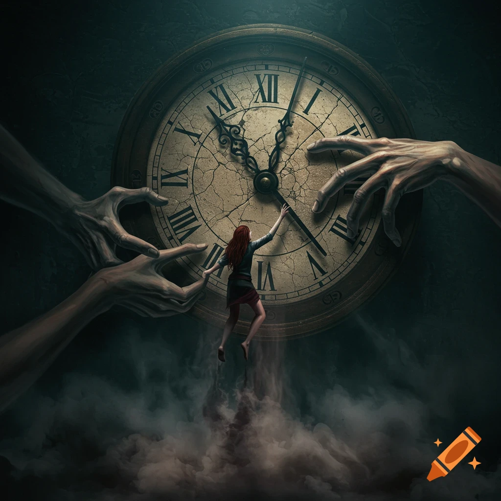 A person reaches towards a large cracked clock face while being pulled by giant hands in a dark, smoky scene.