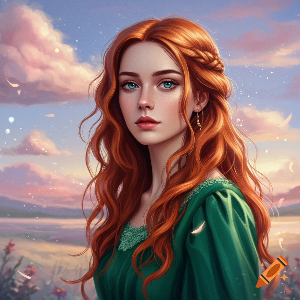 A woman with long red hair and blue eyes in a green dress against a cloudy sunset sky.