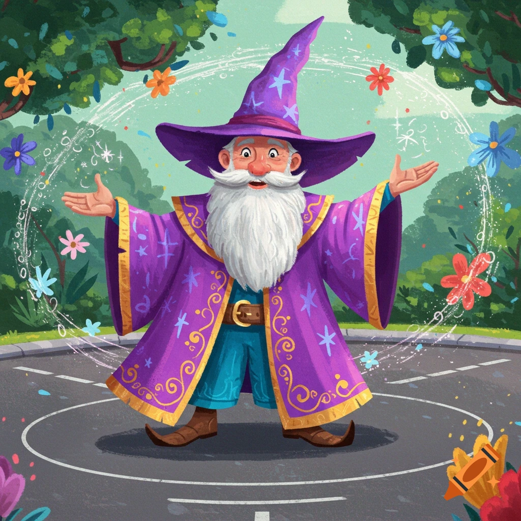 A cartoon wizard in a purple robe stands in a roundabout doing magic.