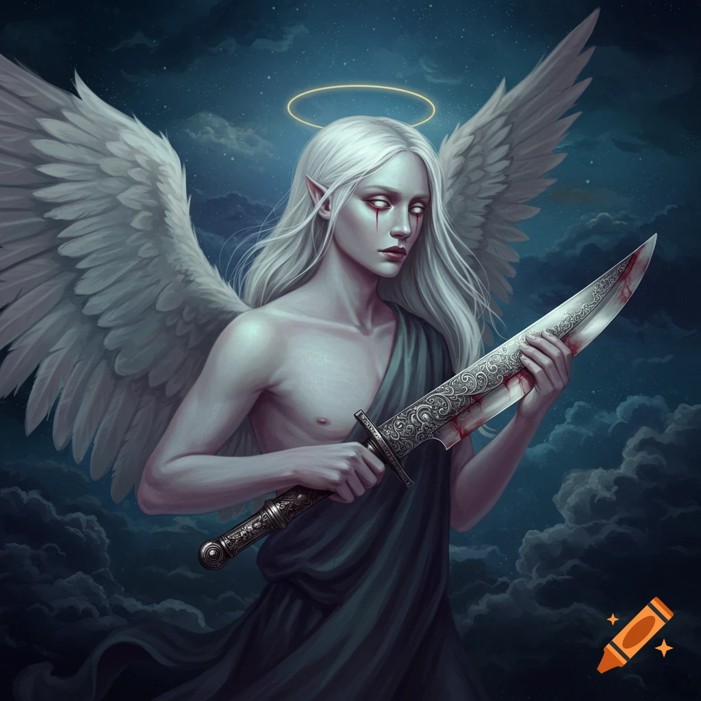 An angelic figure with white hair, wings, and a halo, holding a bloody knife against a dark, cloudy sky.