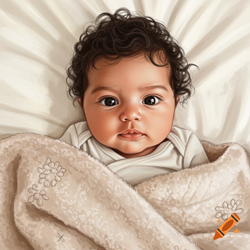 Close-up of a baby with dark curly hair wrapped in a blanket.