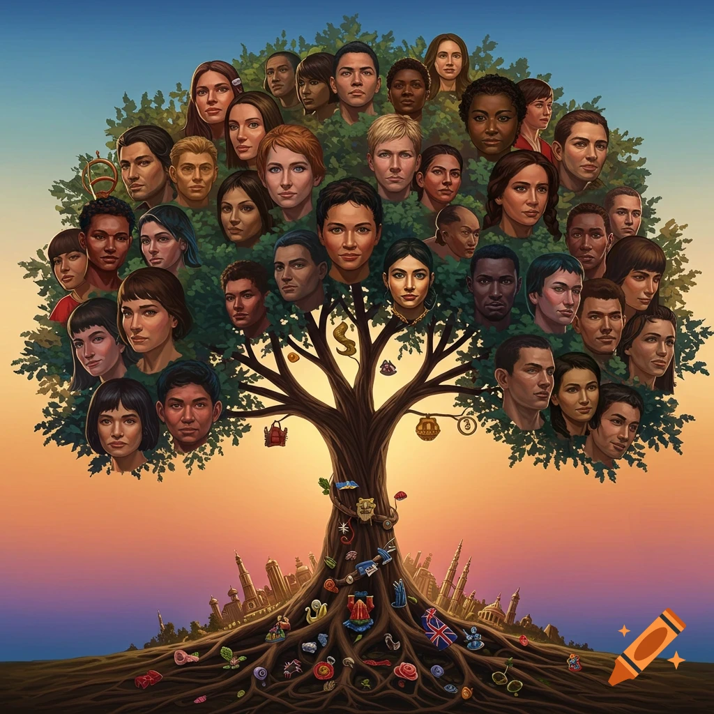 A tree with diverse faces in its leaves and roots, symbolizing equality.