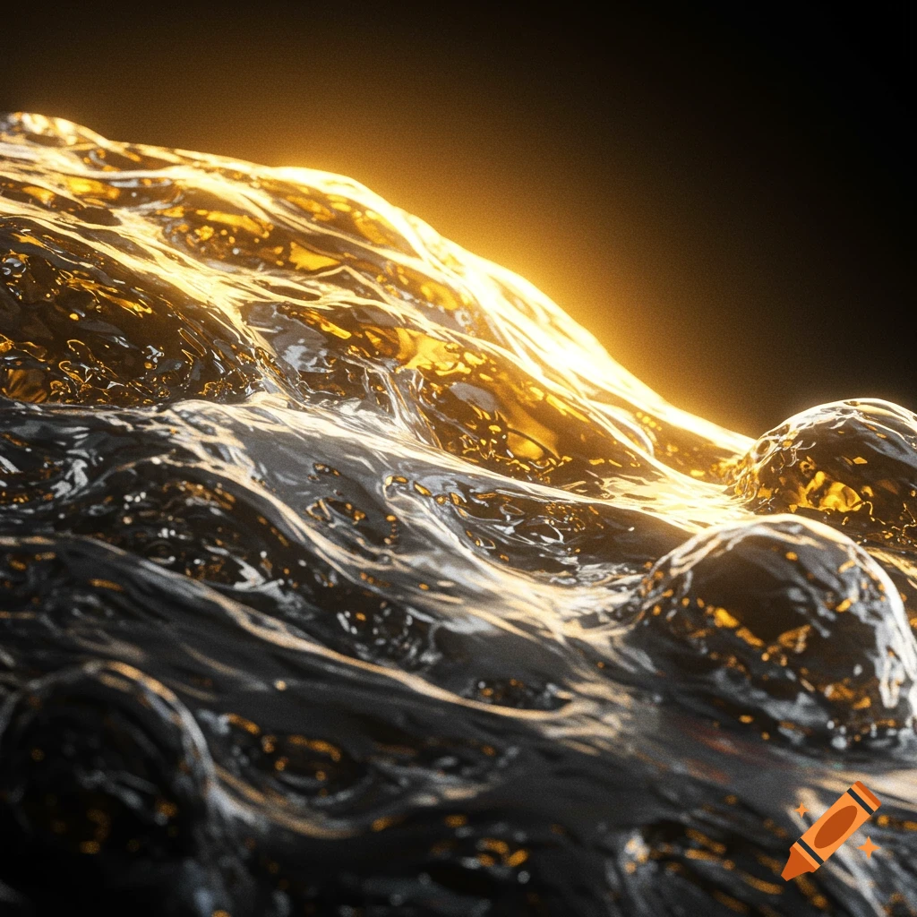 Shiny, flowing gold and silver material against a dark background.