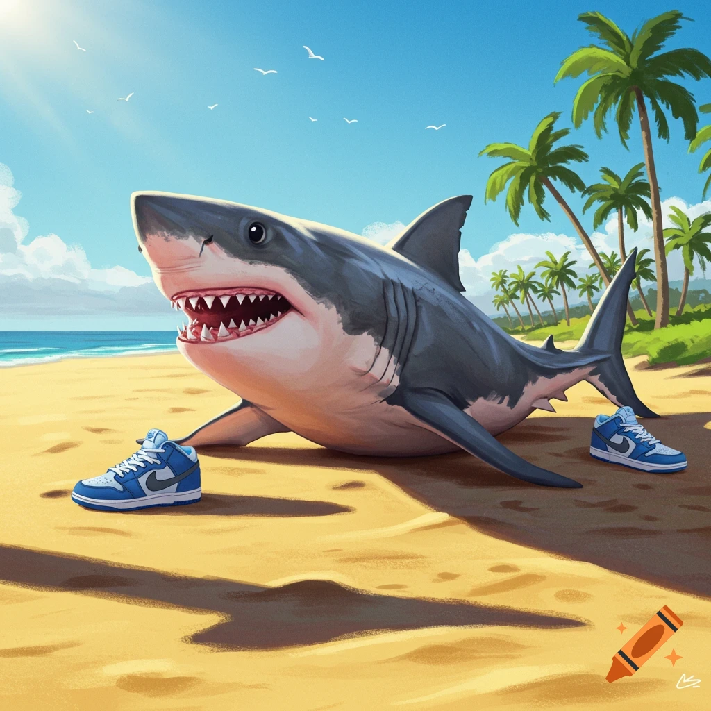 A shark wearing blue sneakers on a tropical beach