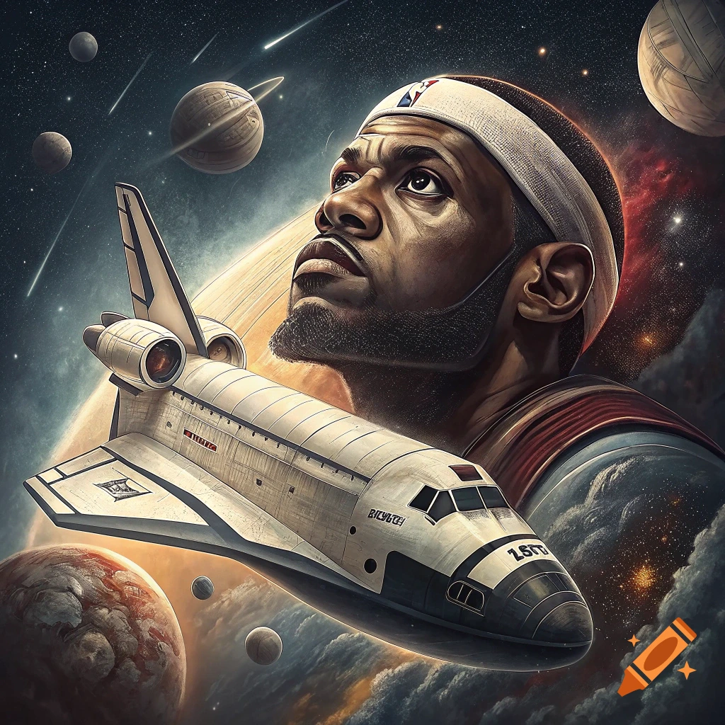 Portrait of LeBron James looking up at a space shuttle flying through space with planets.