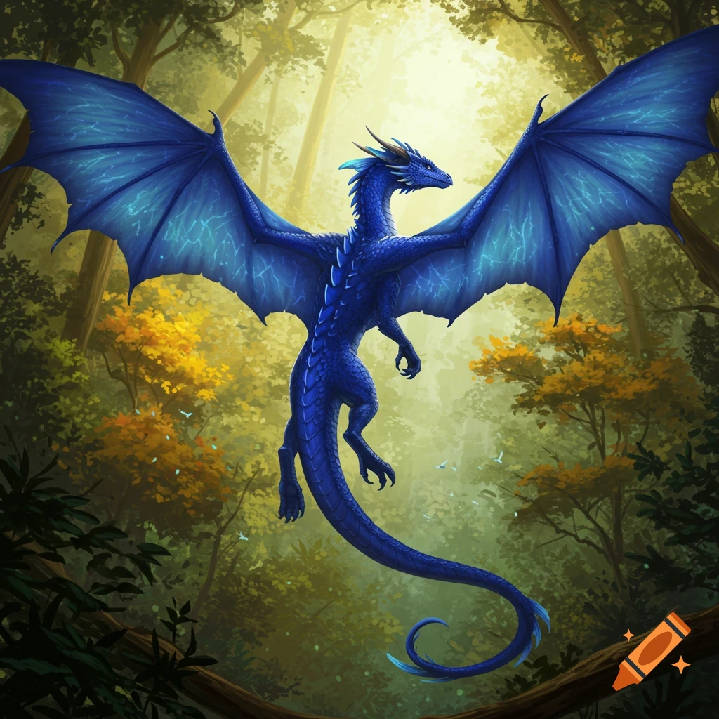 A blue dragon with wings spread flies through a sunlit forest.
