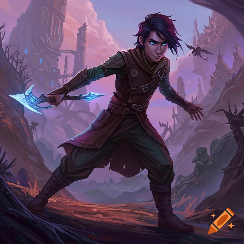 A dark-haired character with glowing blue eyes holds a glowing weapon in a ruined fantasy landscape.