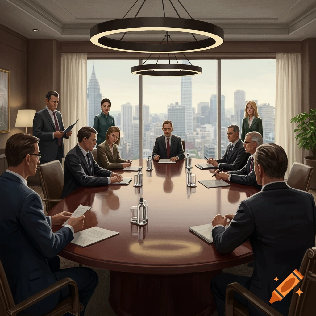A business meeting in a luxury conference room overlooking a city.