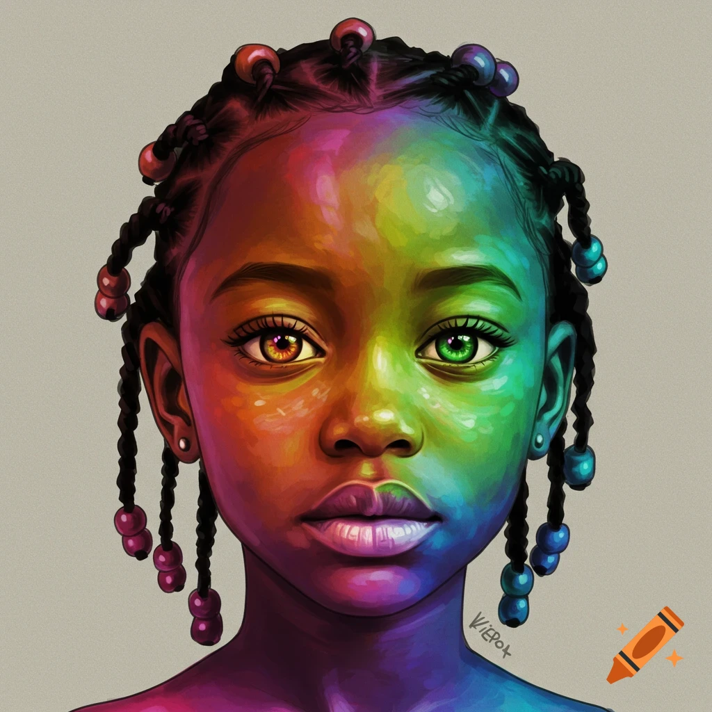 A young Black girl's face painted with rainbow colors, braided hair with beads, and heterochromatic eyes.