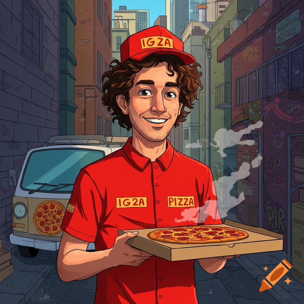 An illustration of a smiling pizza delivery man in a red uniform holding a pizza box in a city alley with a van.