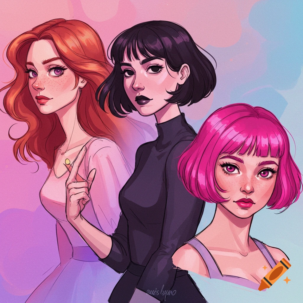 Stylized digital illustration of three women with red, black, and pink hair against a pink and blue background.