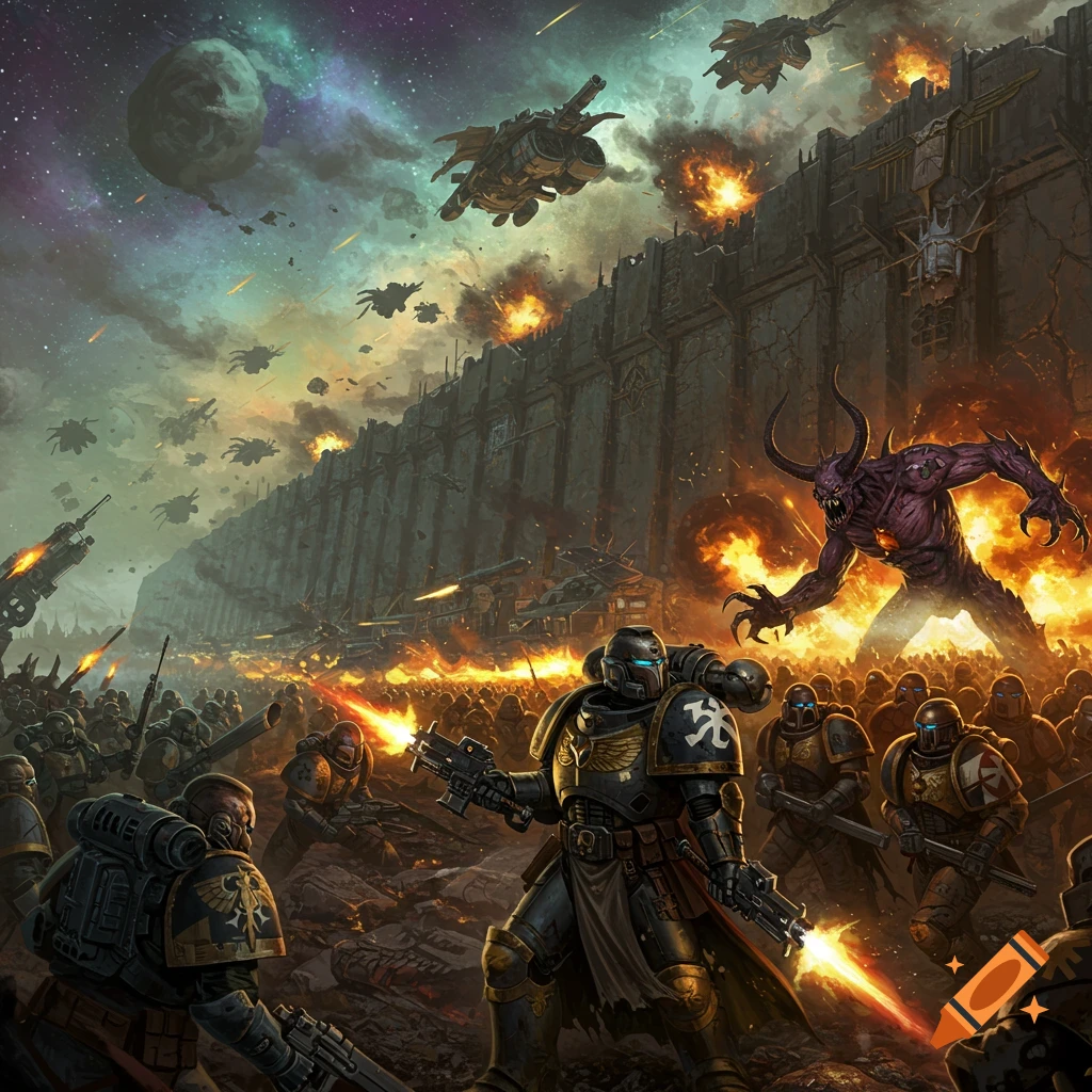 Space Marines battling alien creatures in front of a massive wall with spaceships overhead.