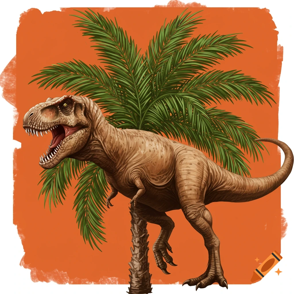 A T-Rex with a palm tree growing from its back on an orange background.