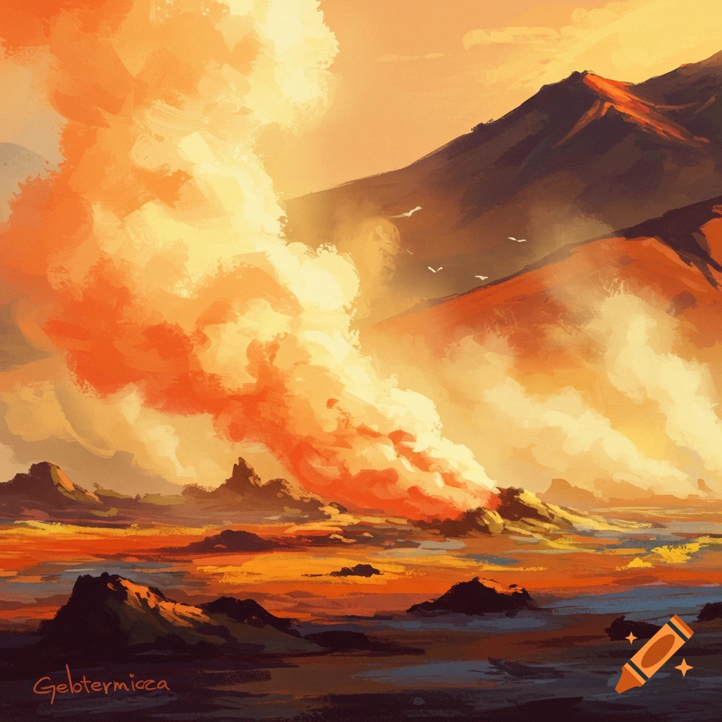 A dramatic volcanic or geothermal landscape with mountains, orange smoke, and dark ground or water in the foreground.