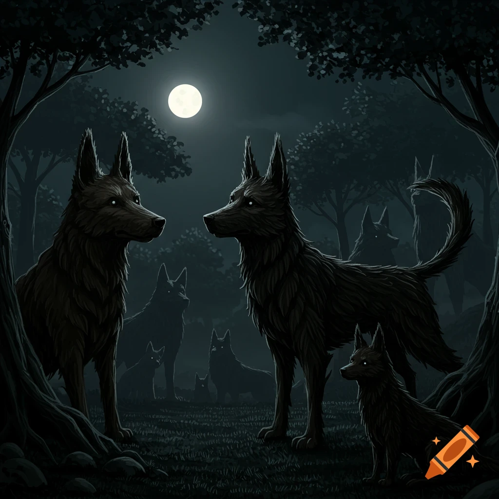 Stylized wolf-like creatures in a dark forest under a full moon, with trees resembling dogs.