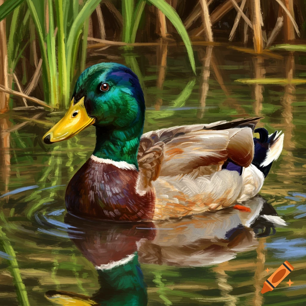 A mallard duck swimming in a pond.