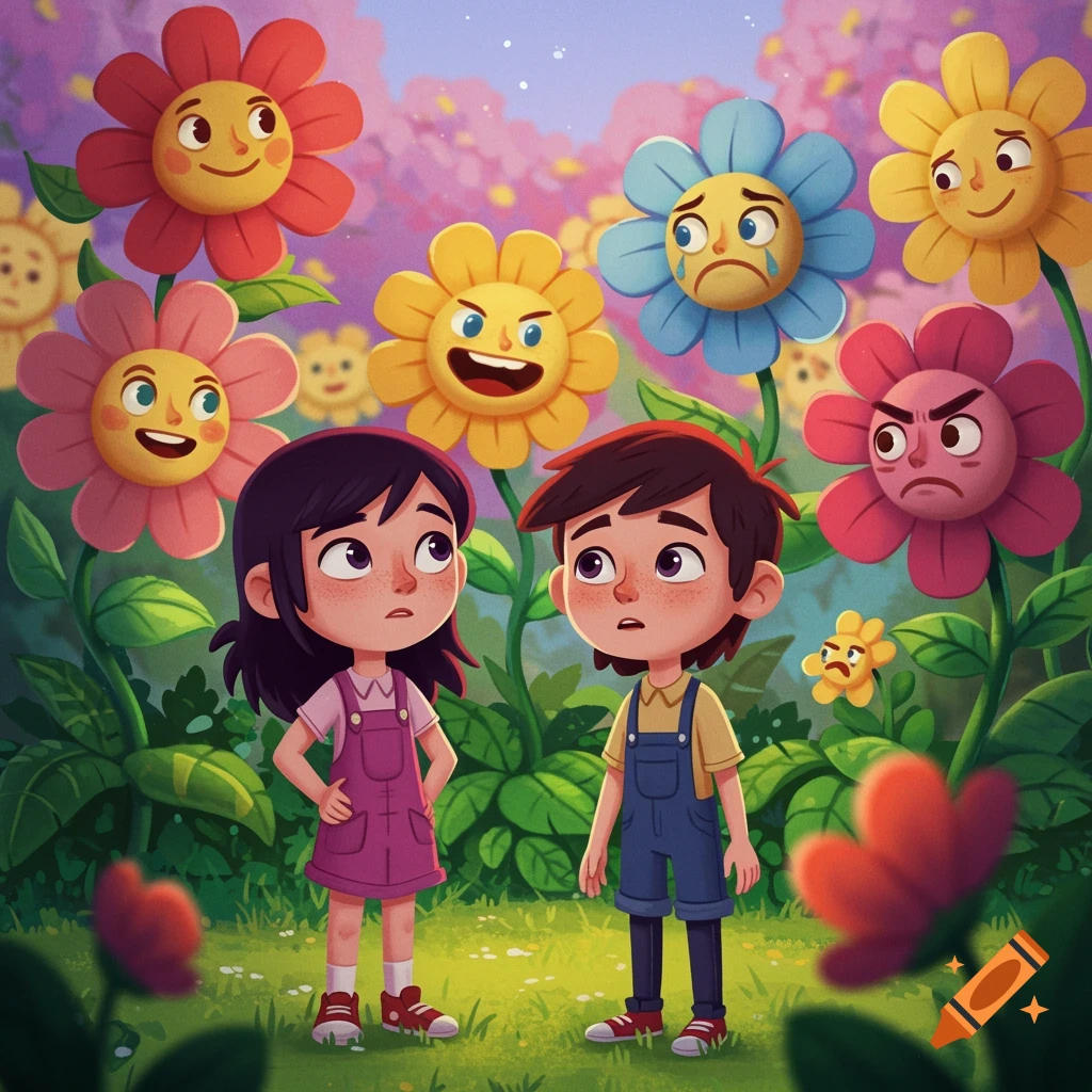 Painting of two children in a garden with flowers showing different emotions.