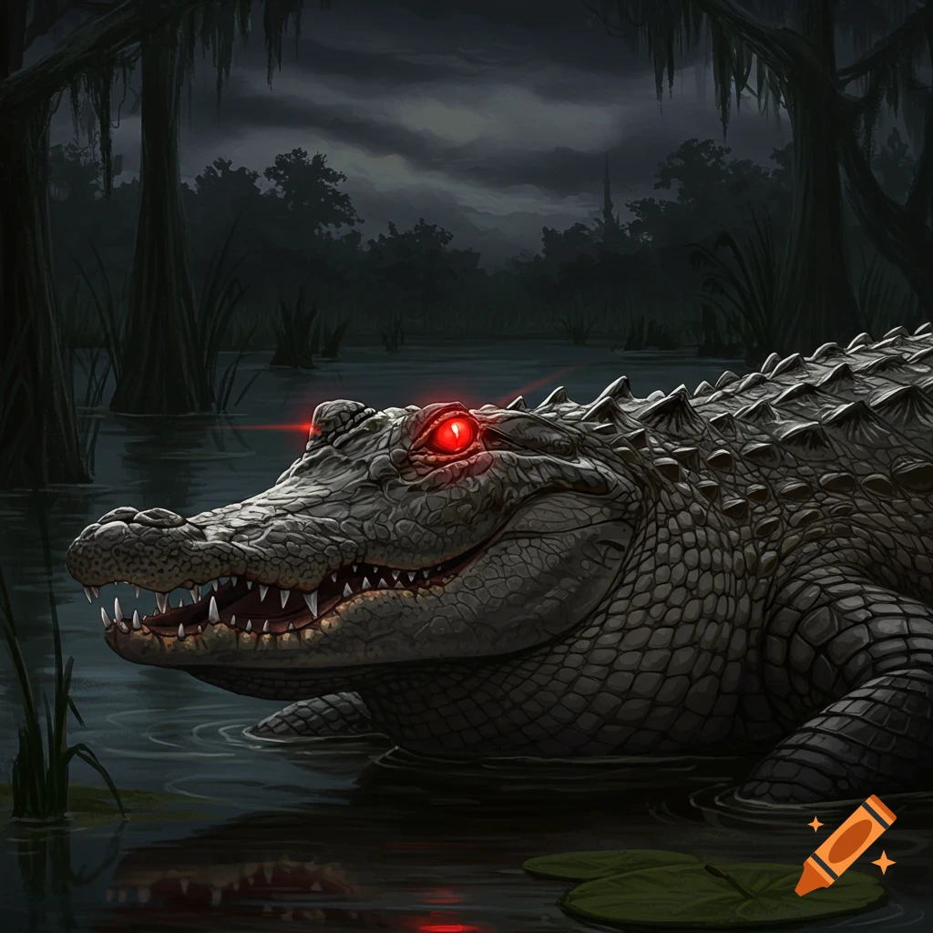 A large alligator with glowing red eyes in a dark, misty swamp at night.