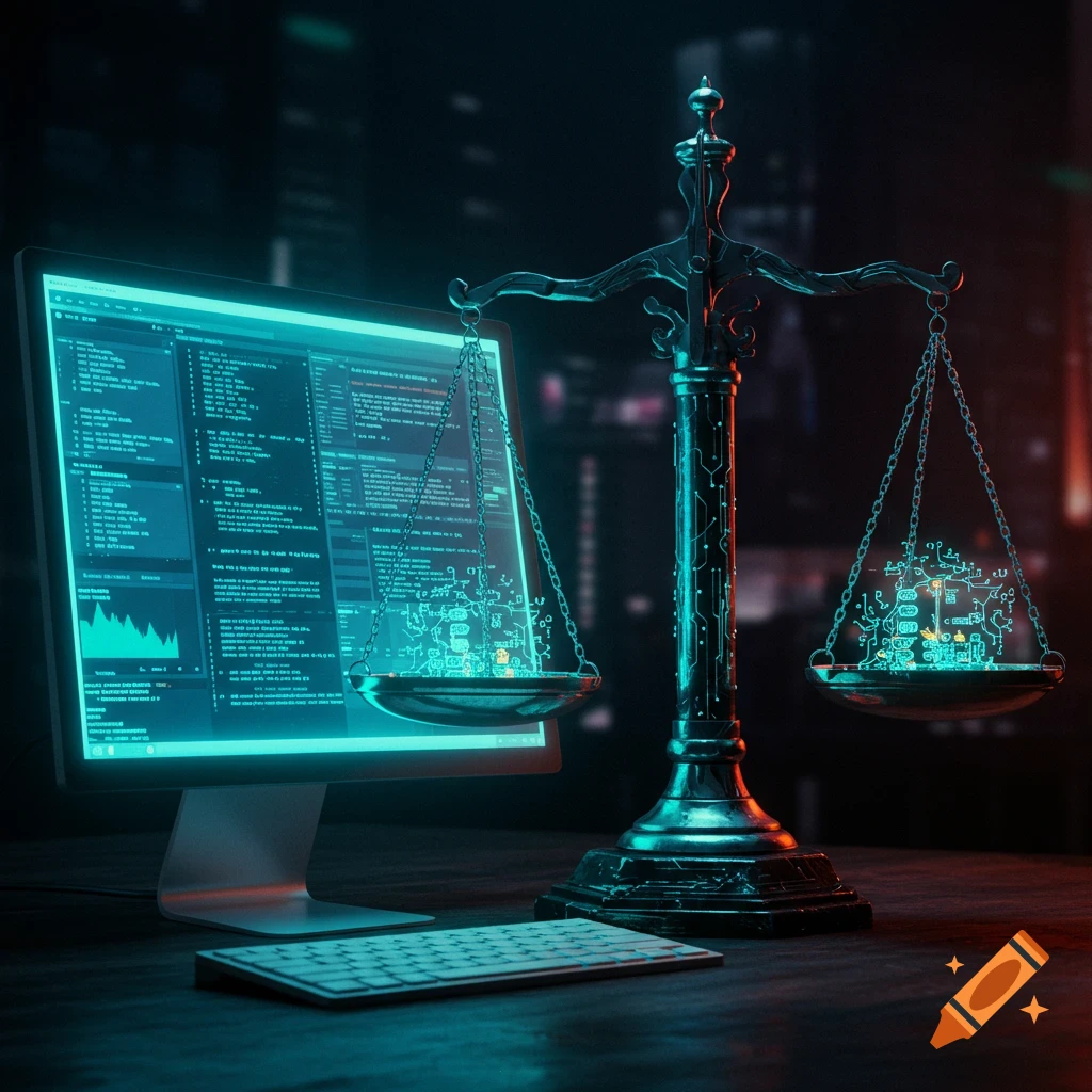 Scales of justice are balanced with a computer screen displaying glowing code and data in a dark, cybernetic setting.