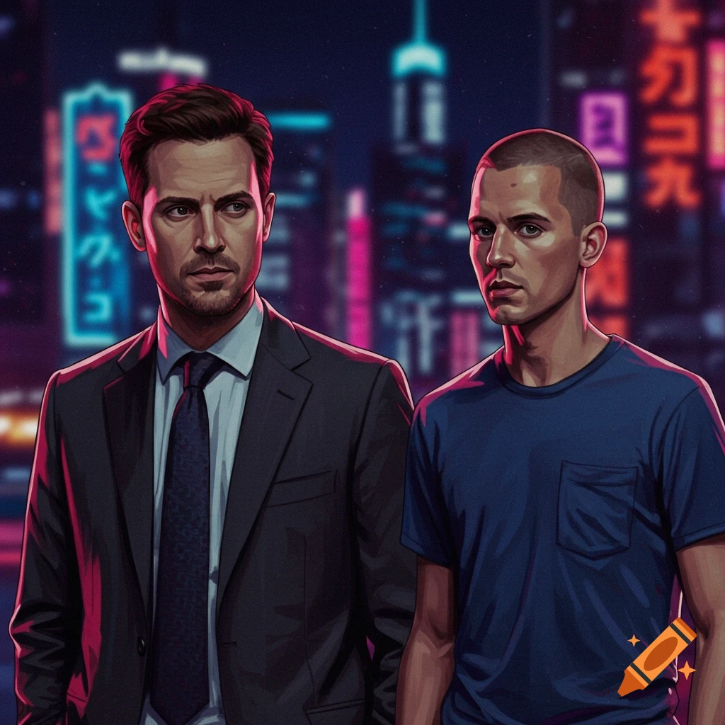Two men standing in a neon-lit city street at night